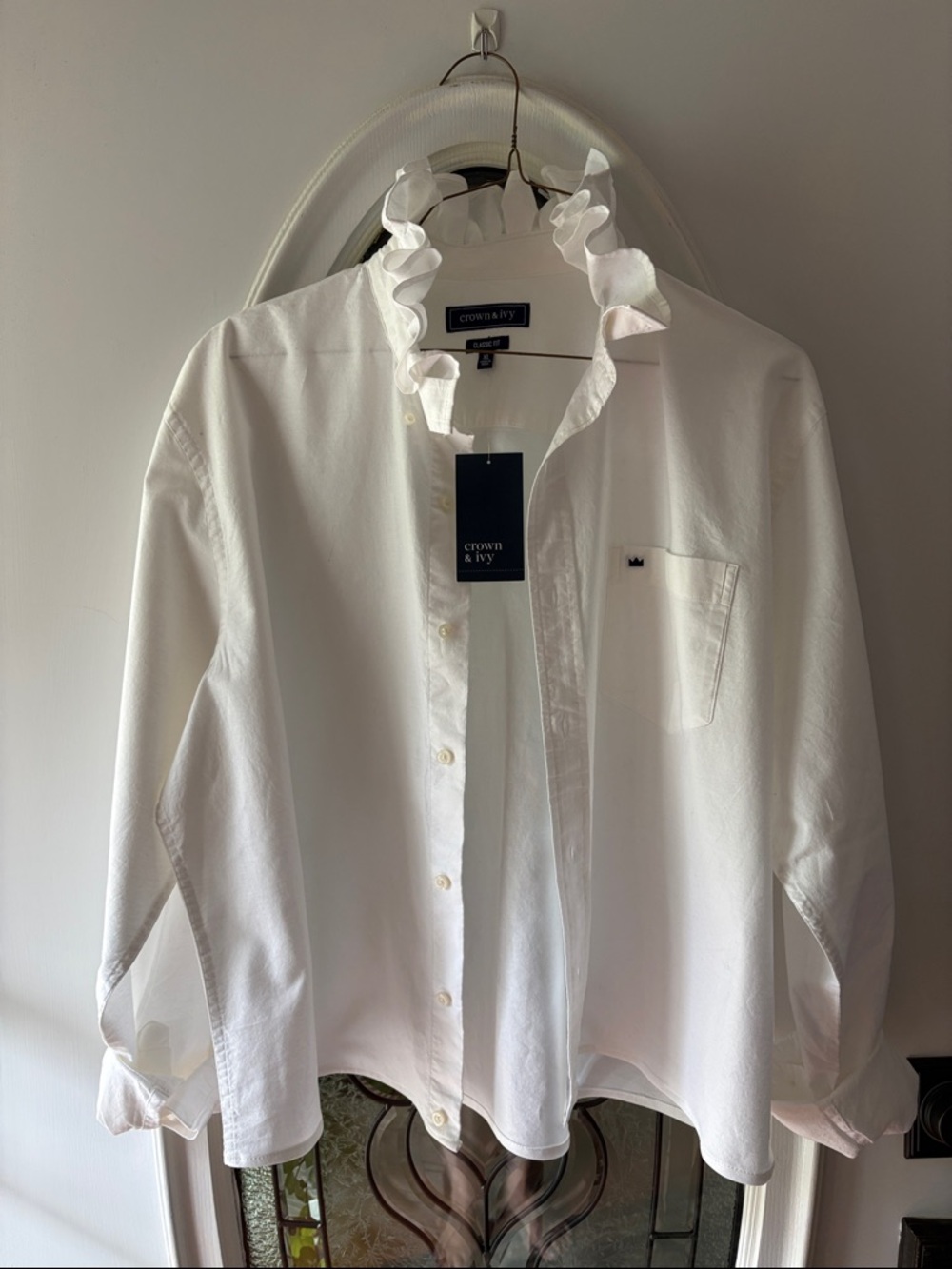 Trendy Ruffle Collar white Button-Down Shirt - up-cycled from Men’s Wear